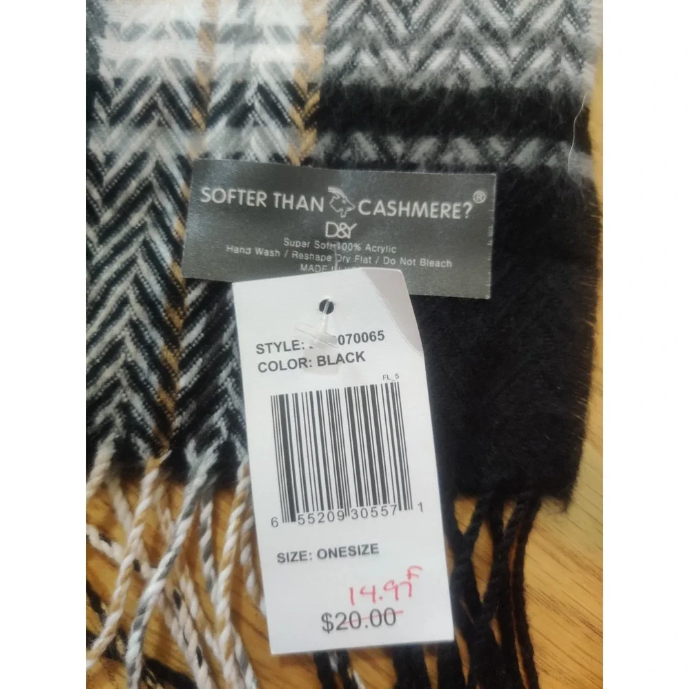 Premium Wool Blend Plaid Scarf Black Grey Cream Herringbone Fringed Winter Wrap